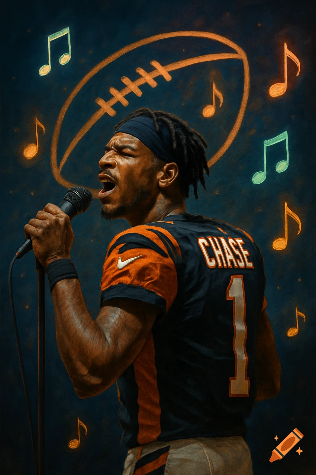 Digital art of a man, Jamar Chase, in a football jersey singing into a mic, with a football outline and musical notes around him.