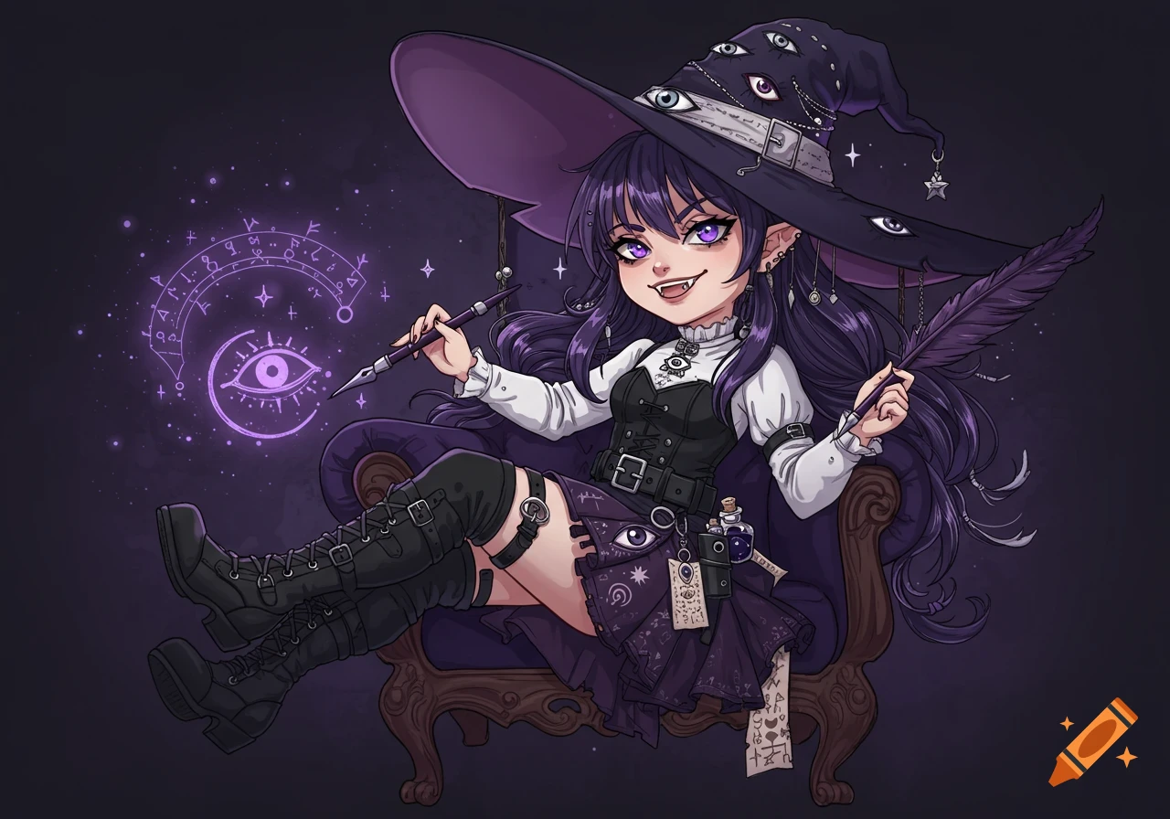 A stylized anime witch with long purple hair and a wide hat covered in eyes lounges on a throne, holding a quill and casting glowing purple runes.