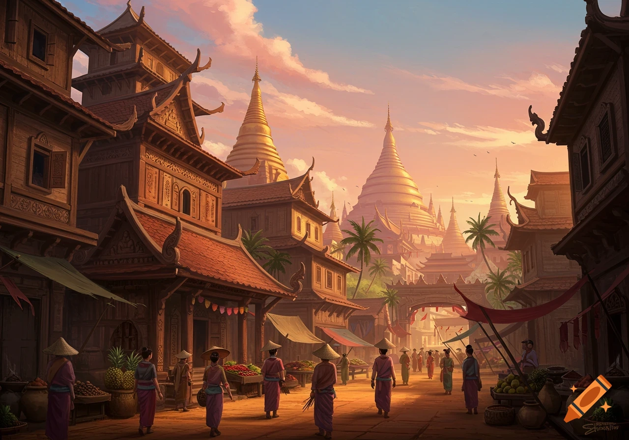 Vibrant painting of a bustling Southeast Asian-inspired town at sunset, with golden pagodas, traditional buildings, and market street.