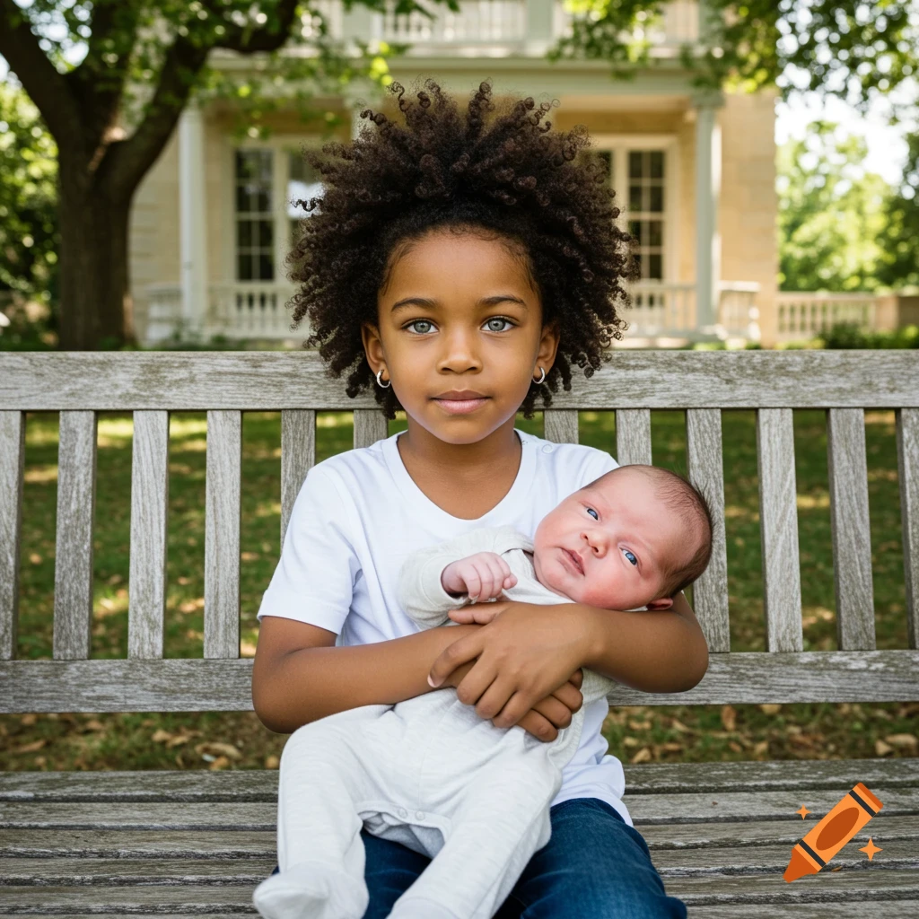 A young child with an afro and light eyes sits on a wooden bench, gently holding a newborn baby. They are outdoors near a large house.