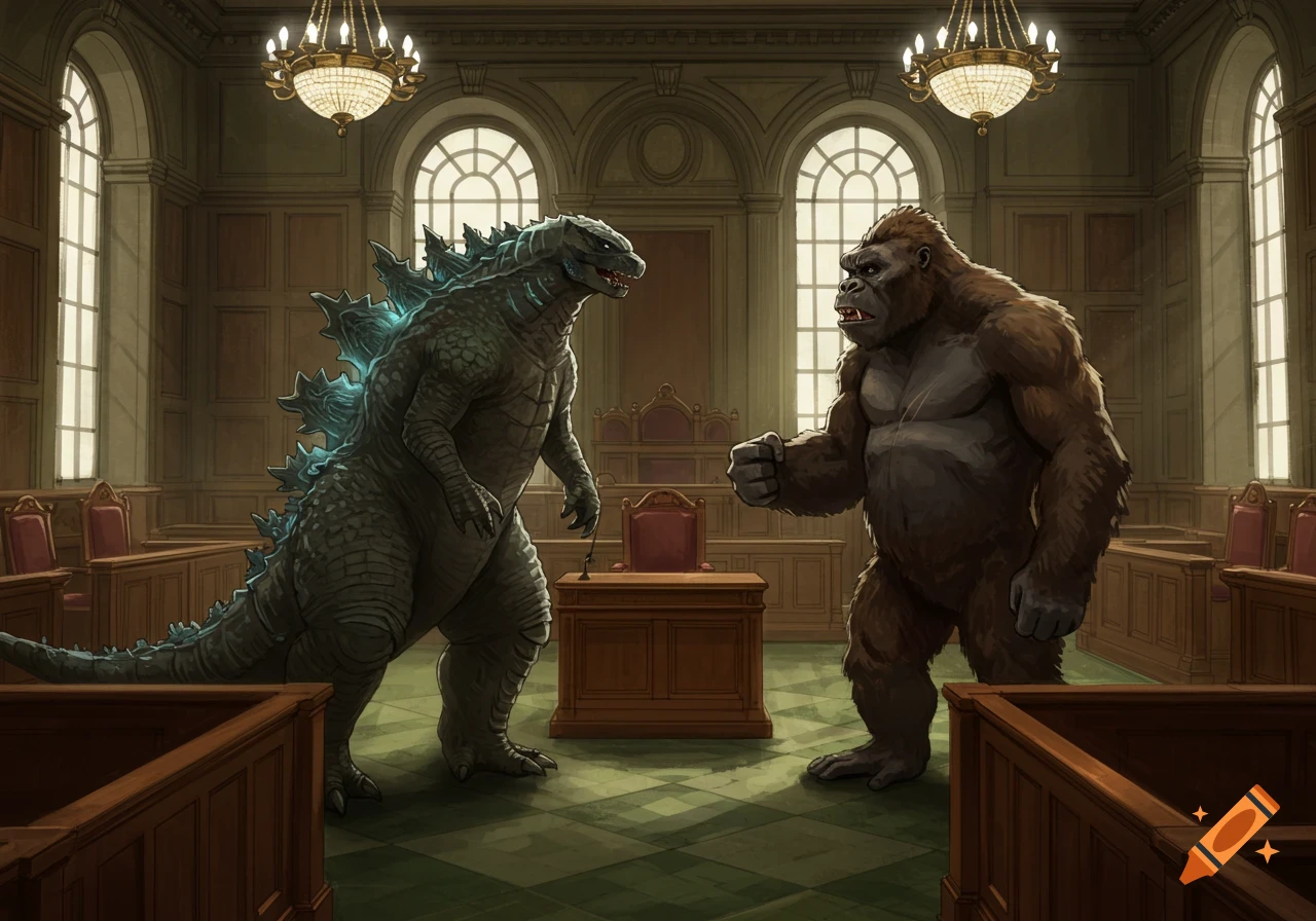 Godzilla and King Kong stand facing each other in an illustrated courtroom scene.