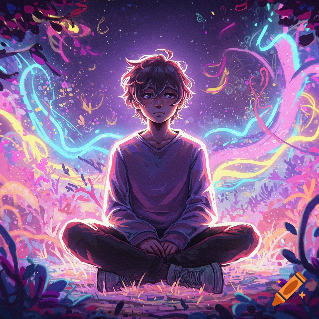 An anime-style person meditates amidst a vibrant, glowing, psychedelic landscape of plants and light trails.