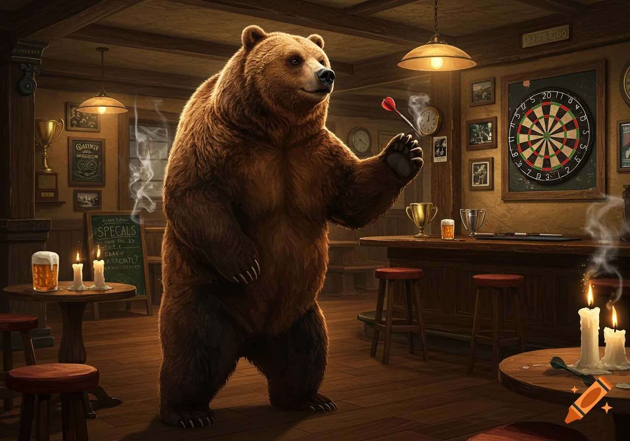 A photorealistic brown bear stands upright in a rustic pub, holding a dart in its paw, aiming at a dartboard. Beer mugs, candles, and signs adorn the wooden interior.
