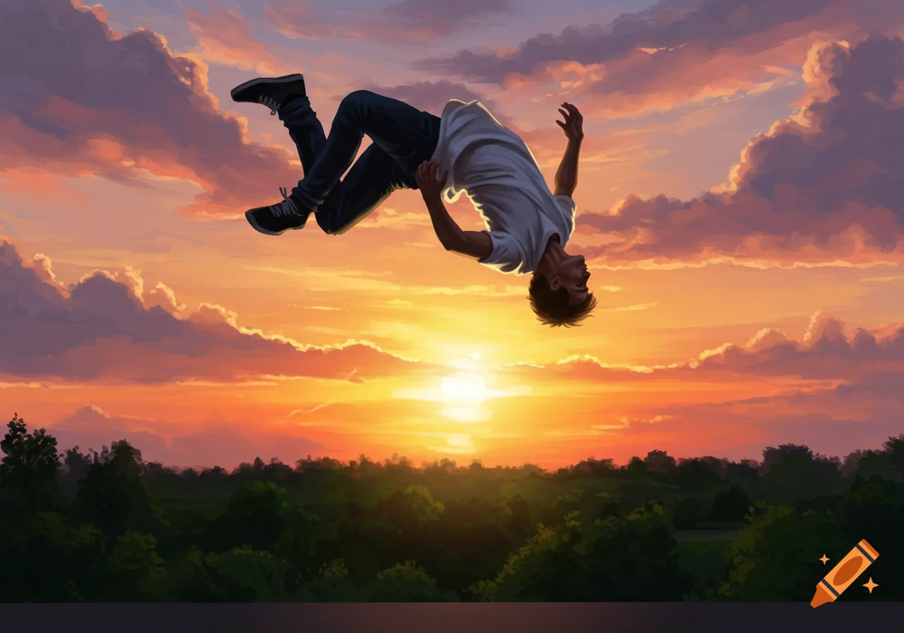 Digital art of a person doing a backflip against a vibrant sunset sky with clouds and a treeline.