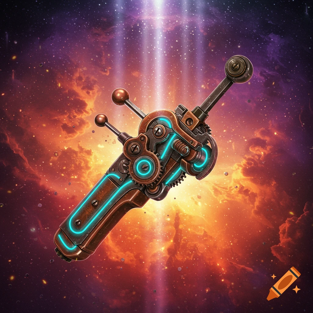 An intricate, steampunk-style weapon with copper, gears, and glowing blue lines floats in a vibrant orange and purple cosmic nebula.
