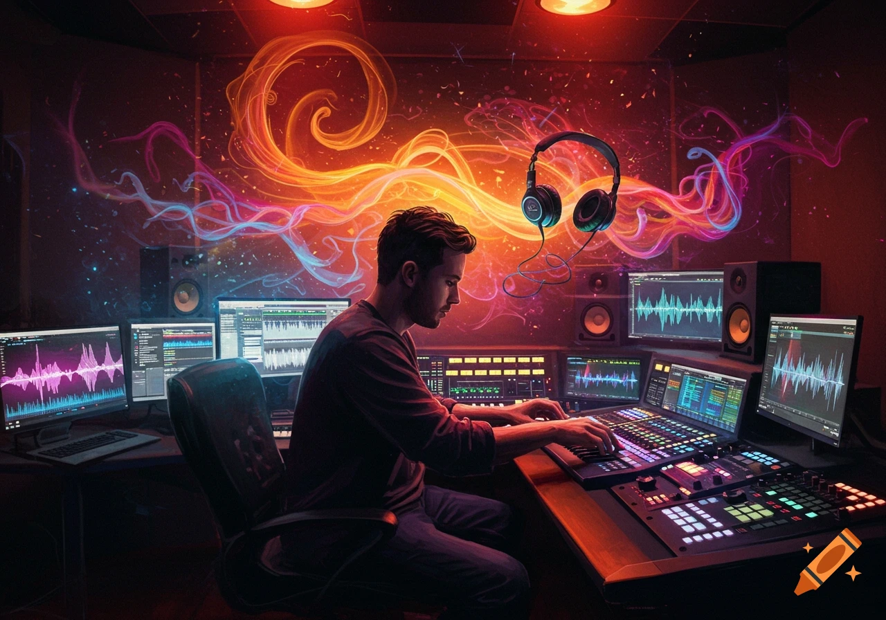 A man in a vibrant music studio with glowing equipment and screens, surrounded by colorful, swirling light trails.