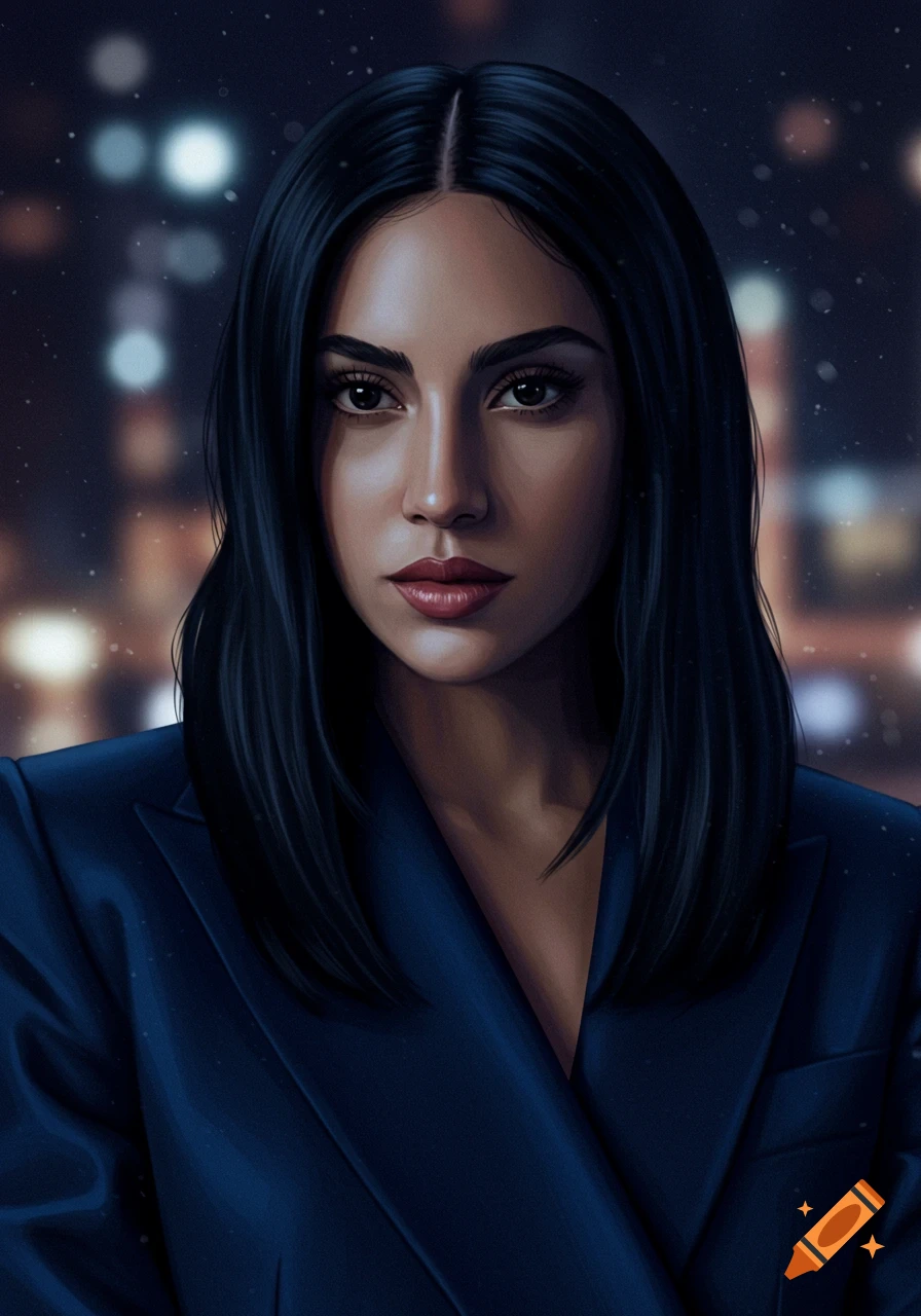 Digital portrait of a woman with dark hair, wearing a navy suit, against a blurred city night background.