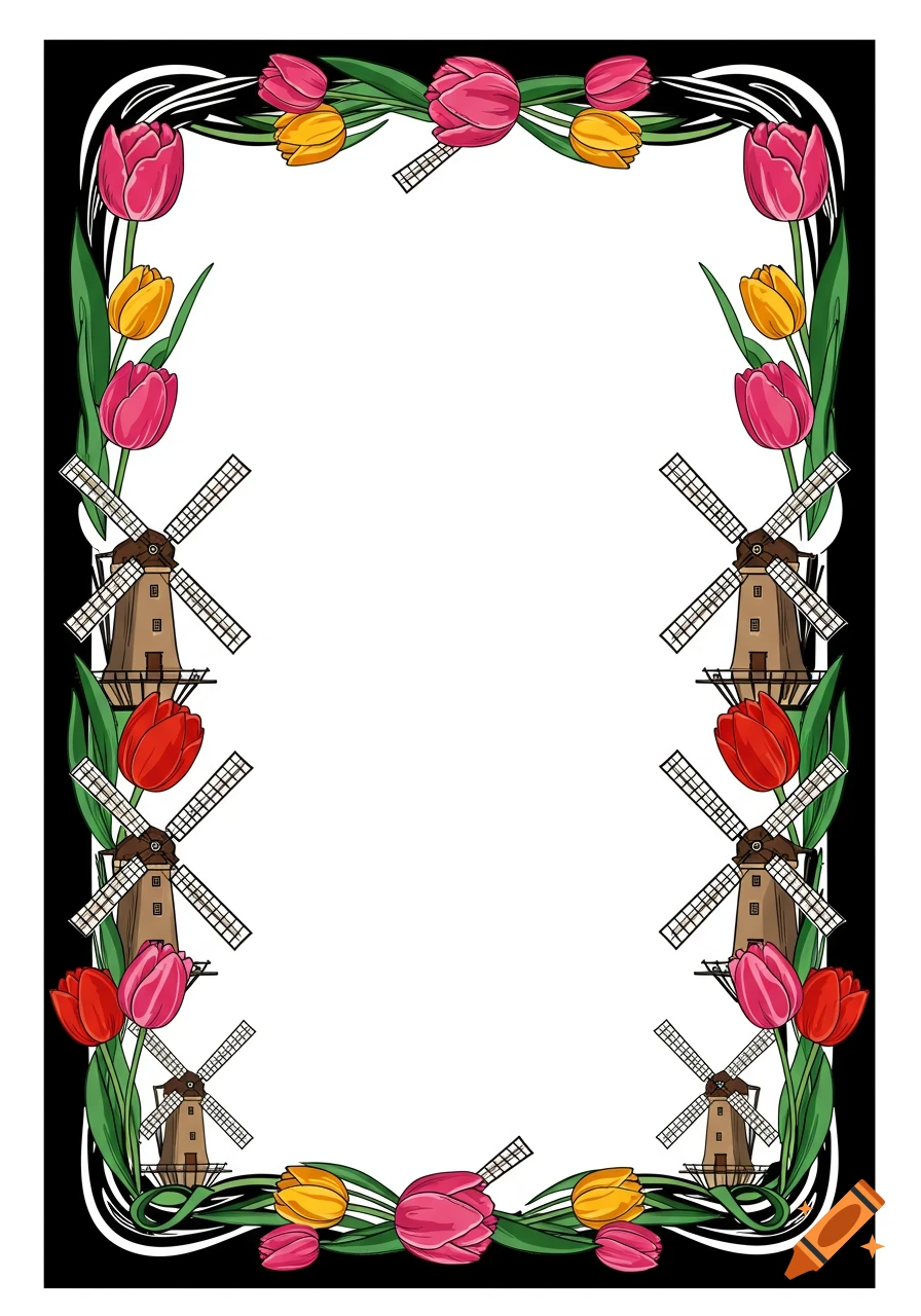 A decorative vector border featuring pink, yellow, and red tulips, green leaves, and brown windmills on a black background.