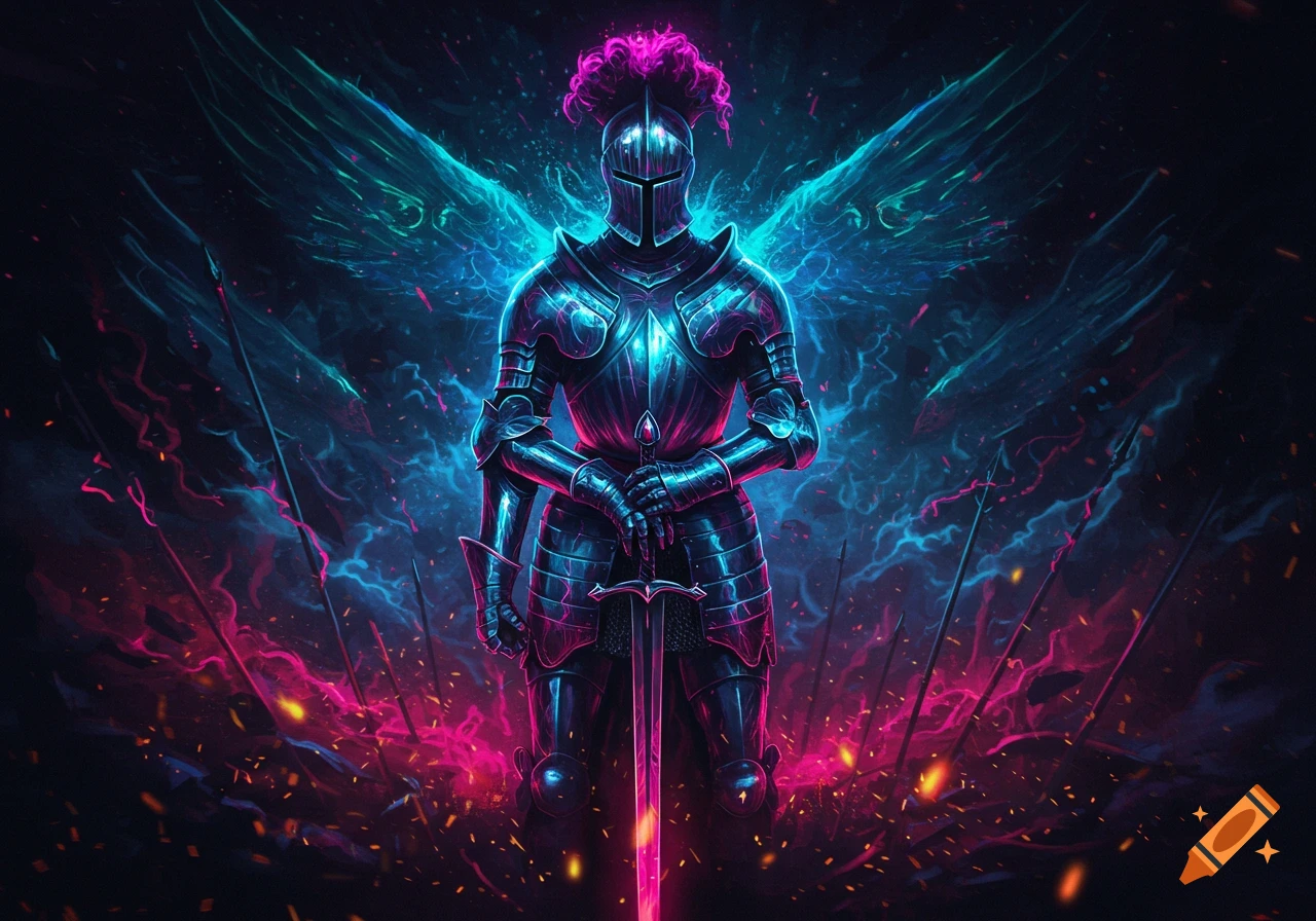 A neon-style warrior in glowing blue and pink armor with a plumed helmet, holding a glowing pink sword, stands on a battlefield with spears and electric wings.