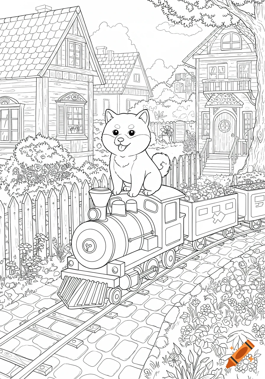 Black and white line drawing of a cute shiba dog riding a toy train through a detailed neighborhood for a coloring book.
