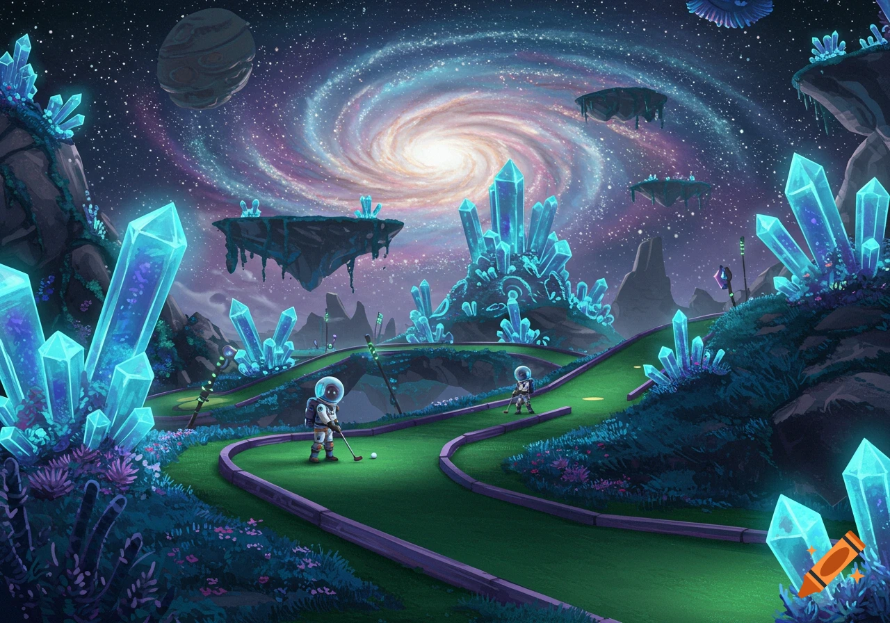Two astronauts play mini-golf on a vibrant alien world with glowing blue crystals and a swirling galaxy in the cosmic sky.