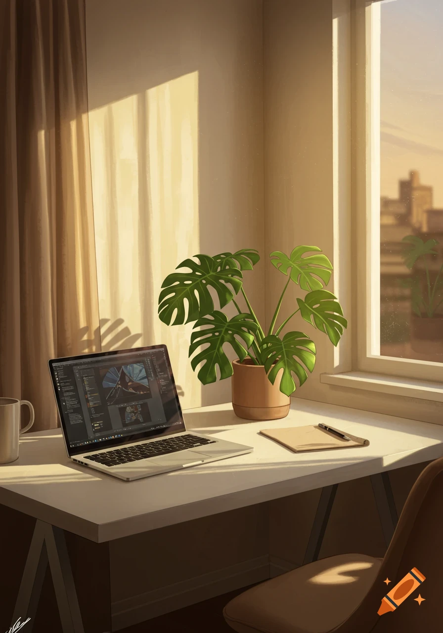 A stylized illustration of an office desk by a sunlit window with a laptop, a monstera plant, a mug, and a notebook.