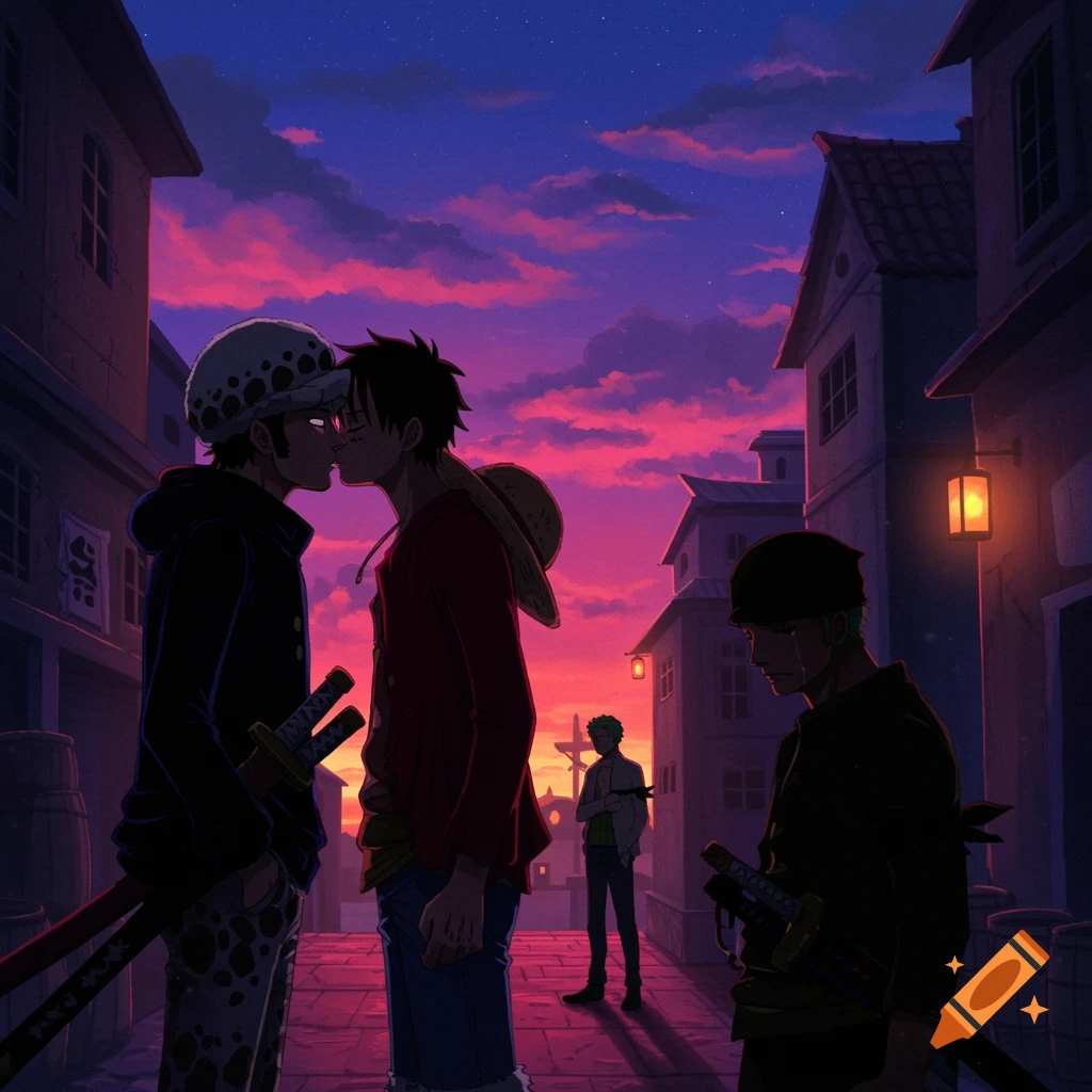 Anime art of Law and Luffy kissing at sunset in a street, while Zoro cries in the background.