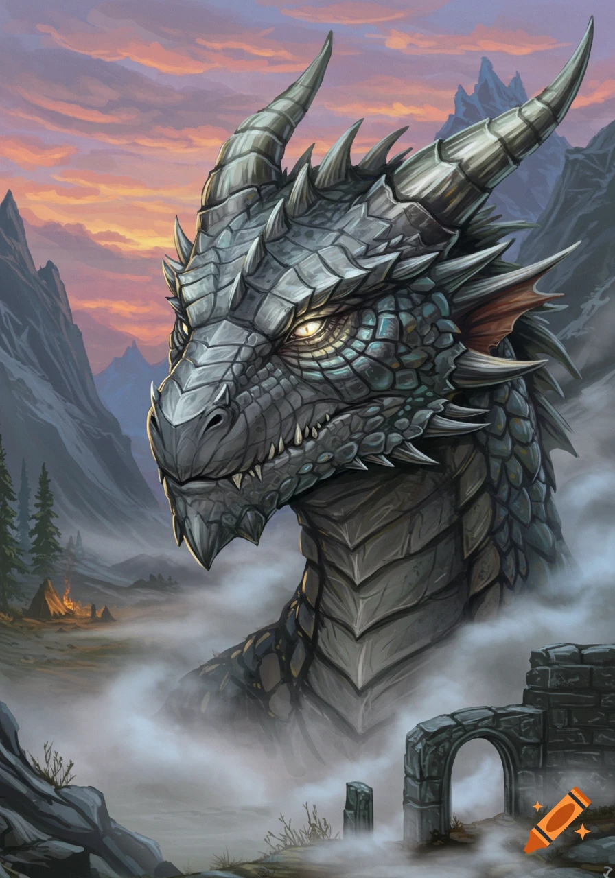Close-up portrait of a majestic grey dragon with glowing eyes emerging from mist in a fantasy mountain landscape at sunset, with ruins.