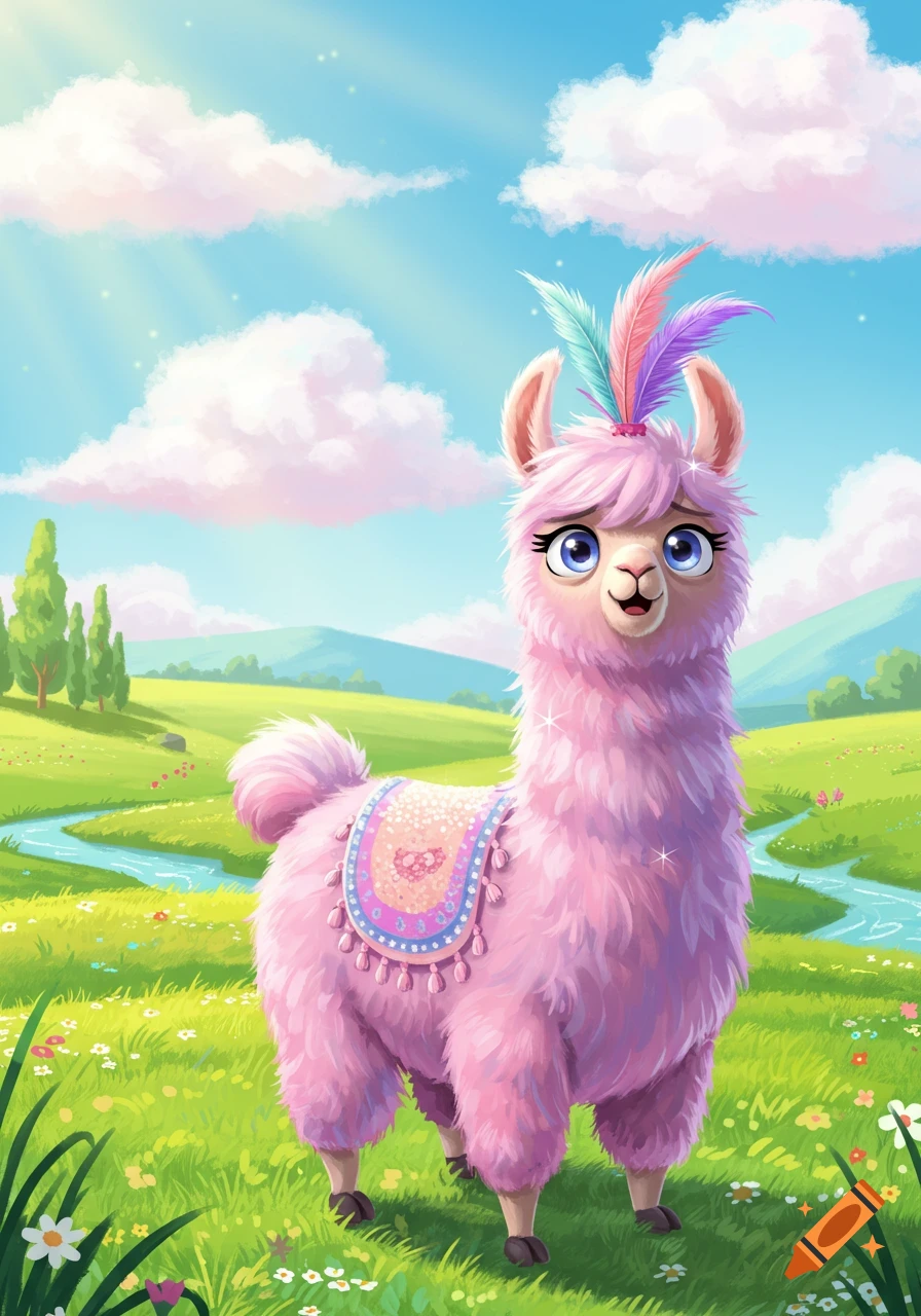 A cute pink cartoon llama with colorful feathers and a decorated saddle stands in a vibrant green field with a winding river and fluffy clouds.