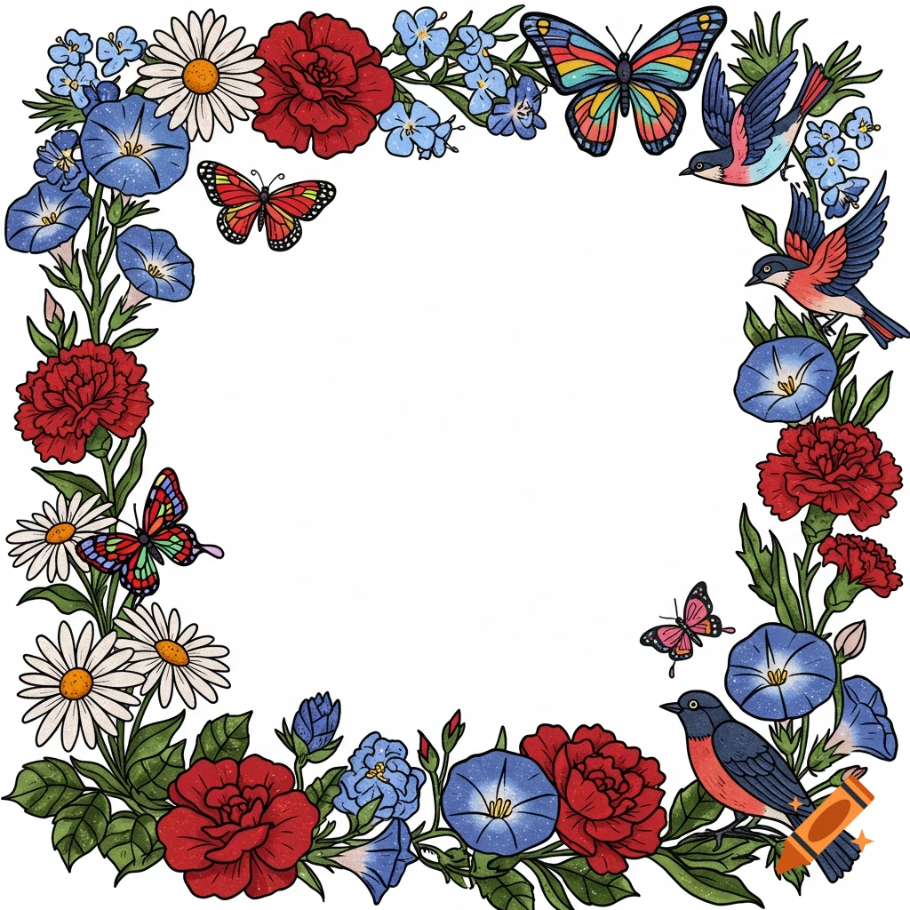 Vibrant illustration of a border frame with red carnations, white daisies, blue morning glories, colorful butterflies, and birds, in a tattoo punk art style.