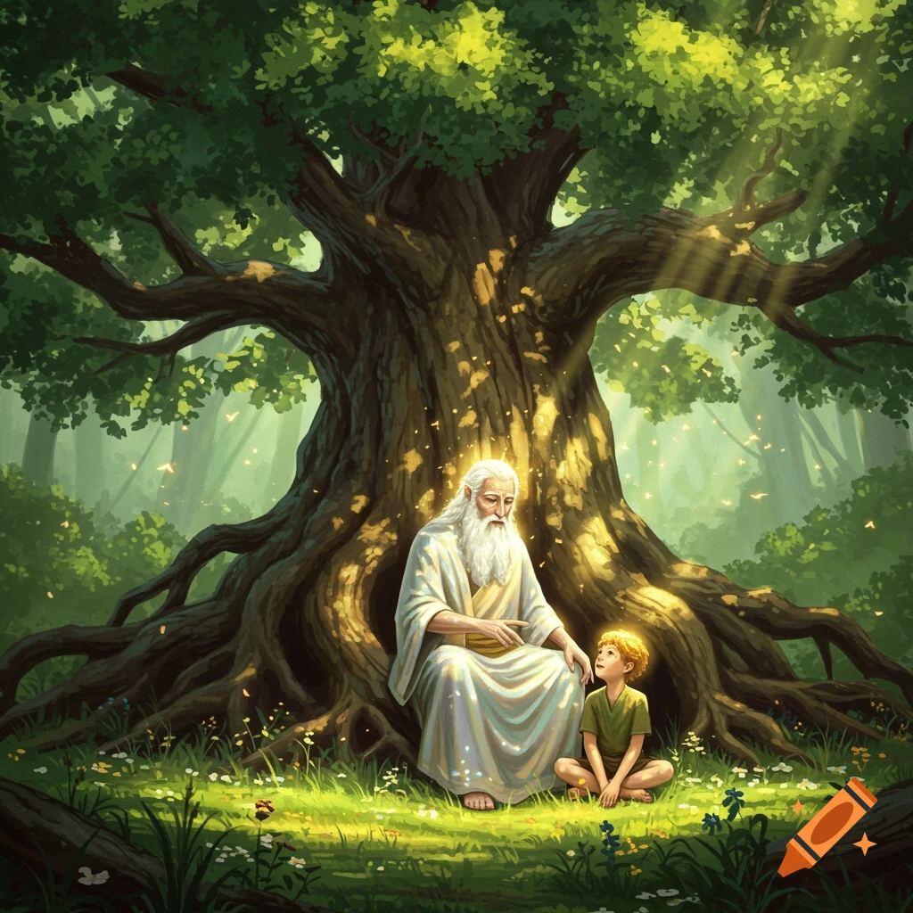 An old man with a long white beard sits with a young boy under a massive, glowing tree in a sun-dappled forest.