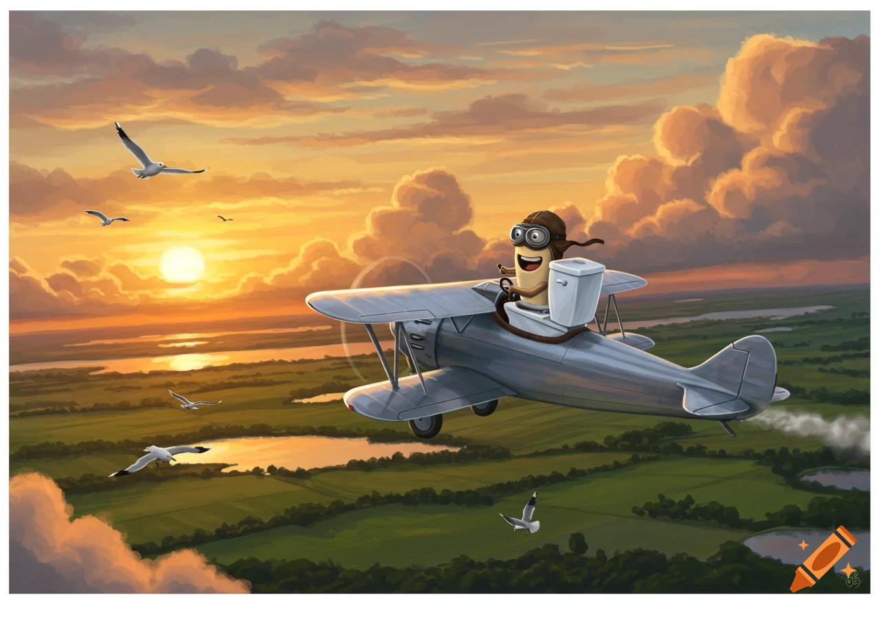 Cartoon pilot with a toilet tank flies a biplane over green fields at sunset with seagulls.