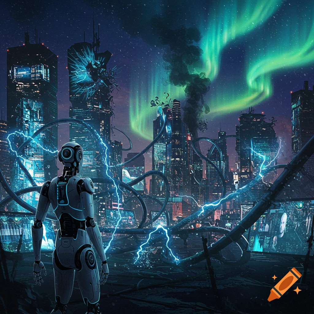 A robot stands in a dark, futuristic cityscape under a neon green aurora, with lightning crackling through tangled wires.