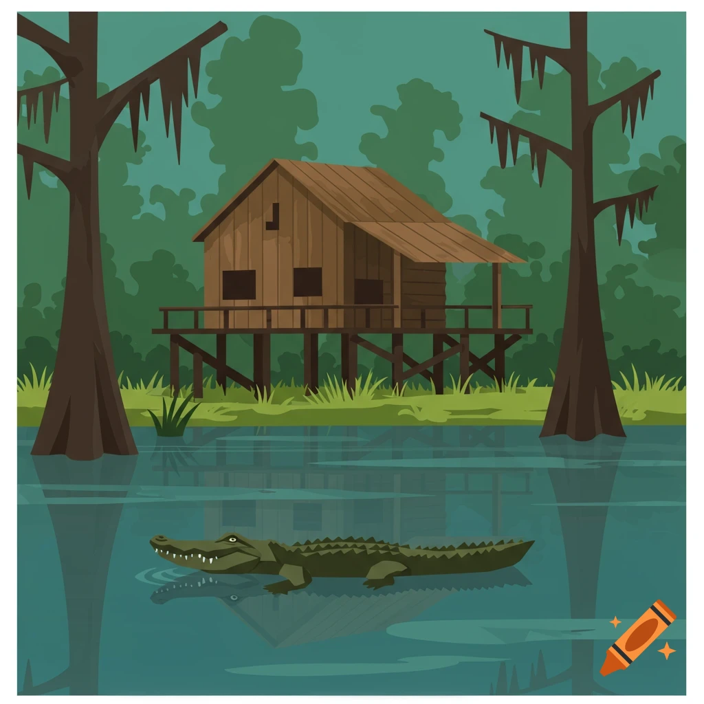 A stylized illustration of a wooden shack on stilts in a swamp with a large alligator floating in the water.