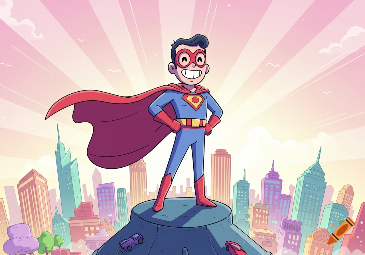 Cartoon superhero boy in red cape and blue suit stands atop a city building at sunset.