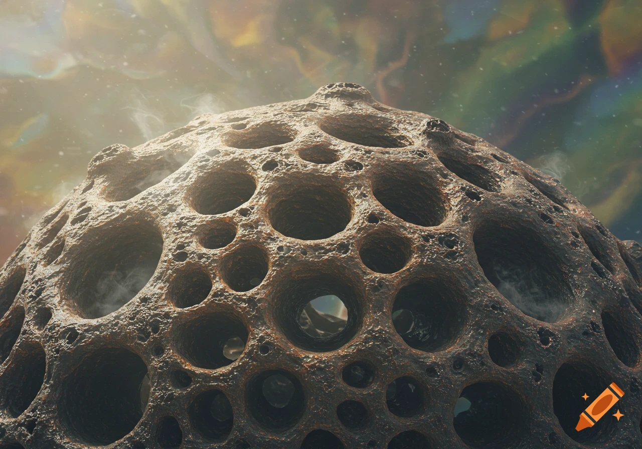 Close-up of a dark, highly porous spherical rock or alien planet against a colorful, misty space background.