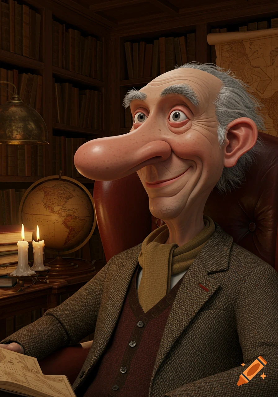 A smiling, stylized old man with a very long nose, grey hair, and a tweed jacket sits in a leather chair in a dim library with bookshelves and a globe.