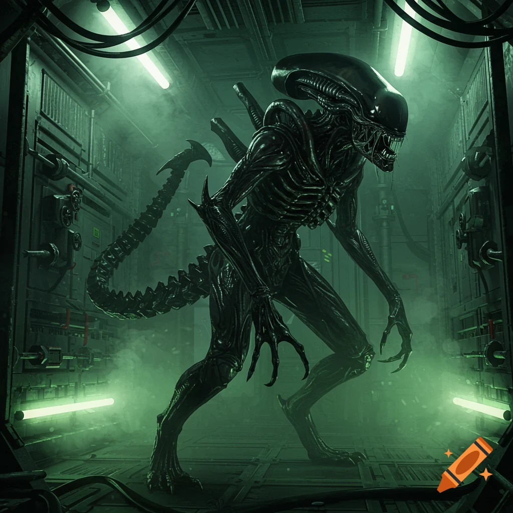 A dark, photorealistic Xenomorph alien creature stands in a green-lit, misty metallic spaceship corridor.