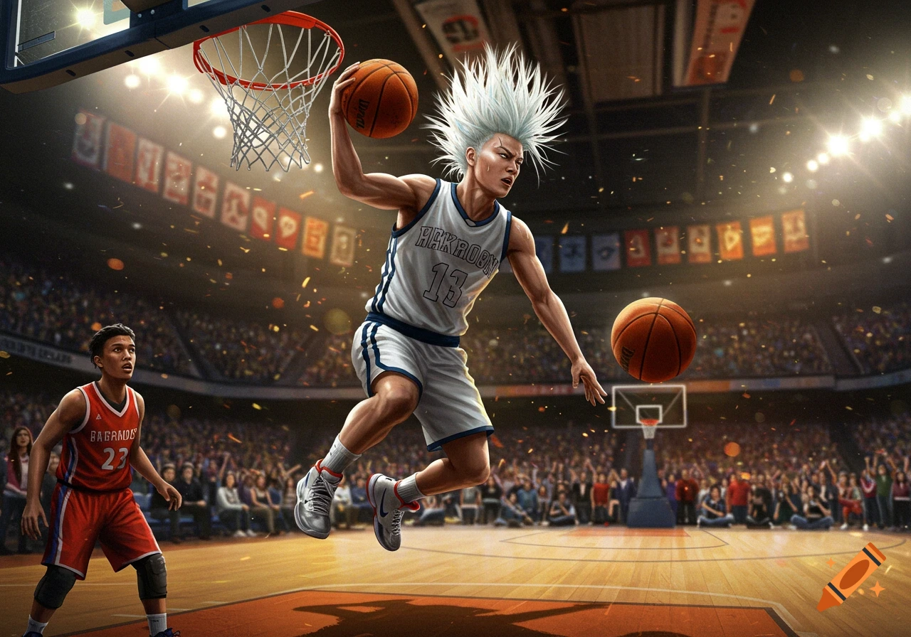 A white-haired basketball player in a white jersey dunks a ball in a packed arena, another player in red watches.