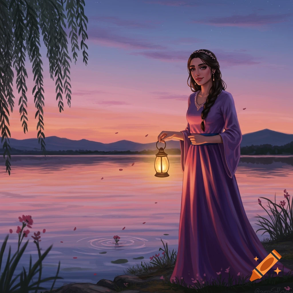 A woman in a purple dress holds a lantern by a lake at sunset with a weeping willow, digital painting.