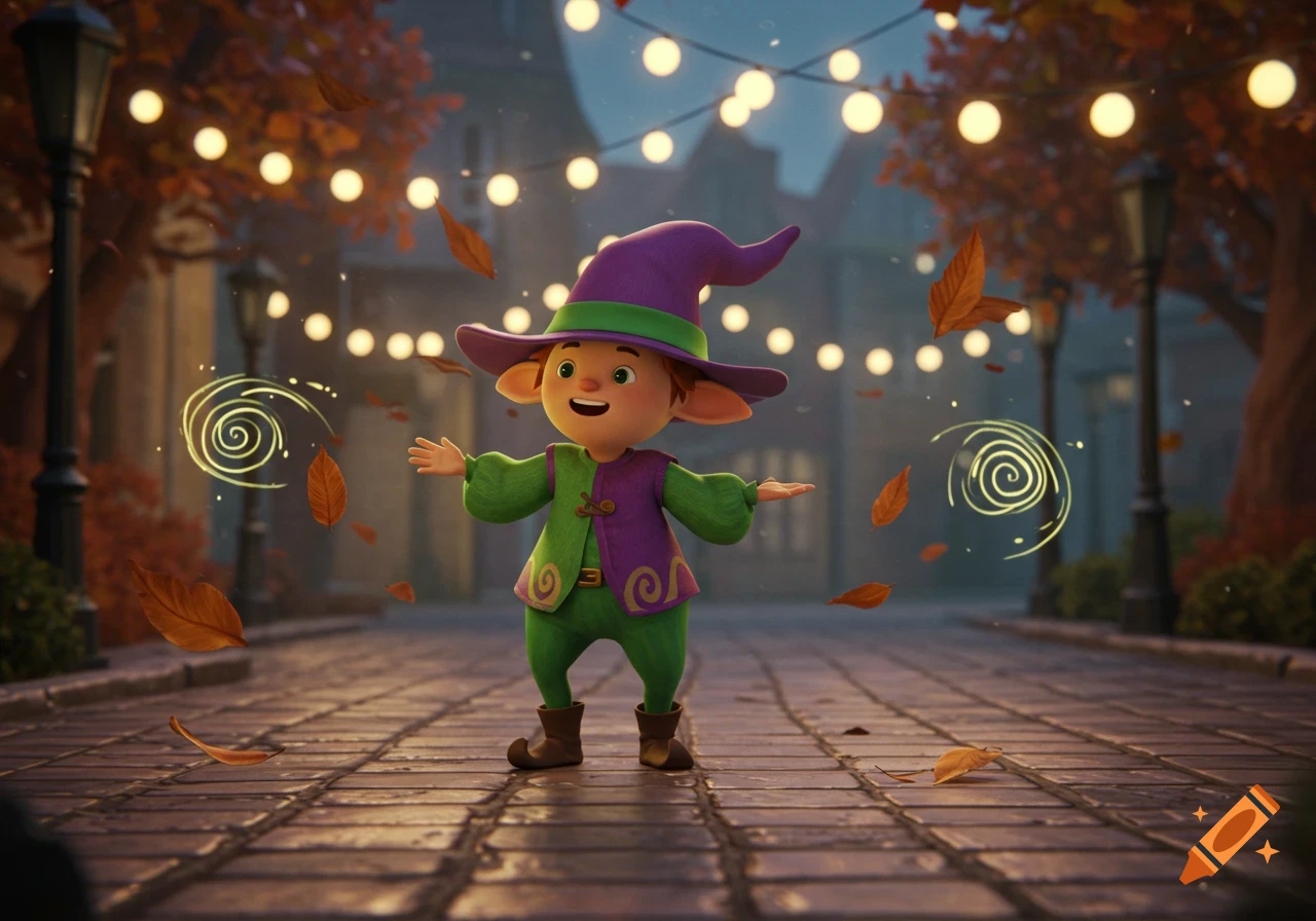 A cute animated elf in a purple and green outfit with a wizard hat stands on a cobblestone street with magical swirls, falling leaves, and string lights.