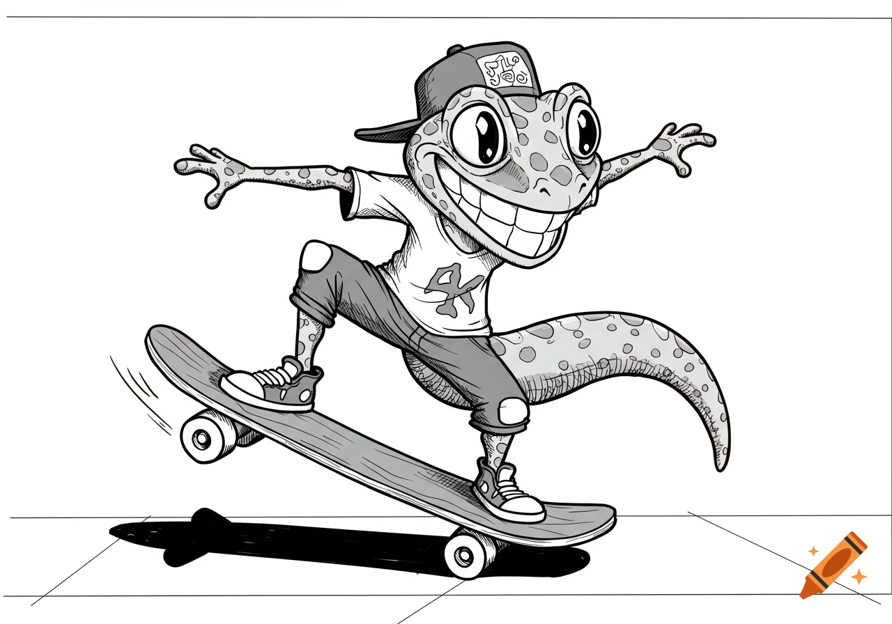 Black and white cartoon of a gecko wearing a hat and shorts, smiling widely while skateboarding.