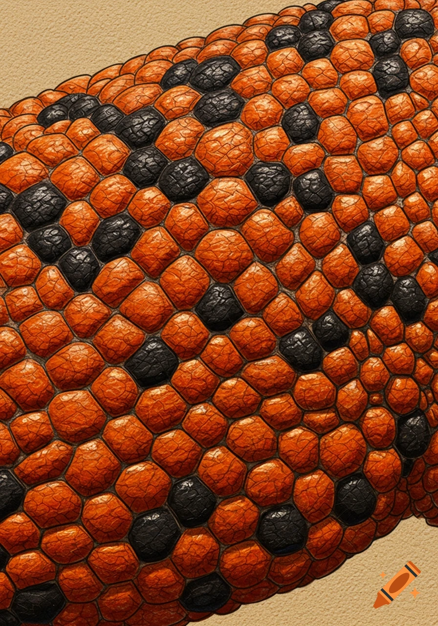 Close-up of orange and black hexagonal scales forming a gila monster pattern.