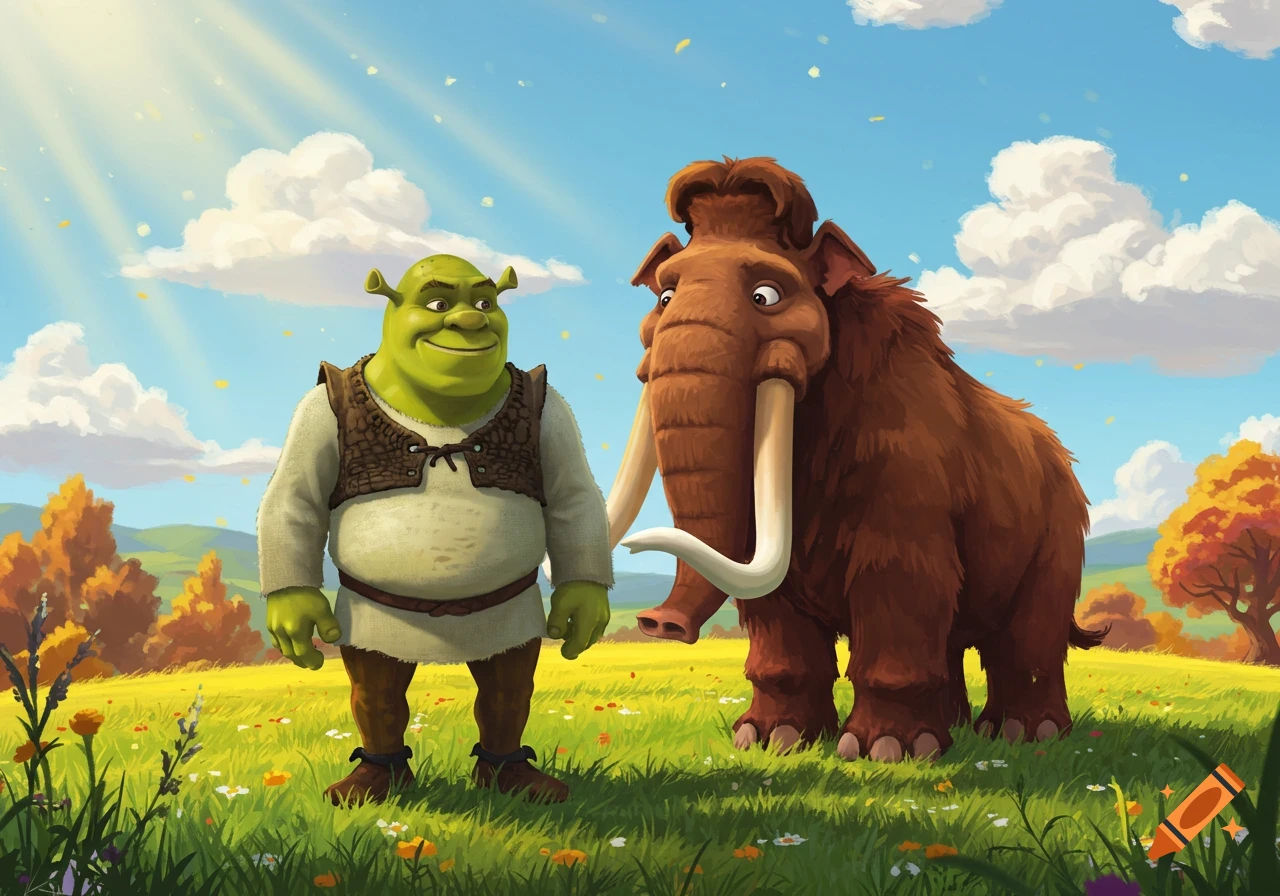 Shrek and Manny the woolly mammoth stand together in a vibrant green field under a blue sky with clouds, bright sunlight, and autumn trees.