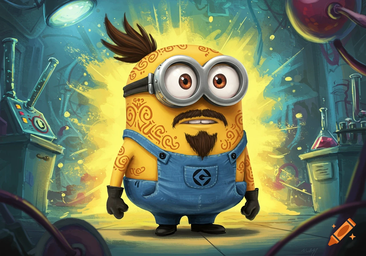 A cartoon Minion with a goatee, ponytail, and tribal tattoos stands in a glowing mad scientist lab.