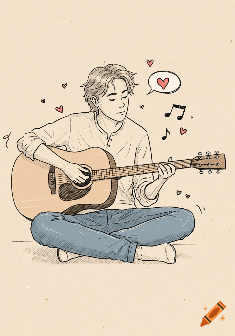 A doodle illustration of a person sitting cross-legged, playing an acoustic guitar, surrounded by hearts and musical notes.