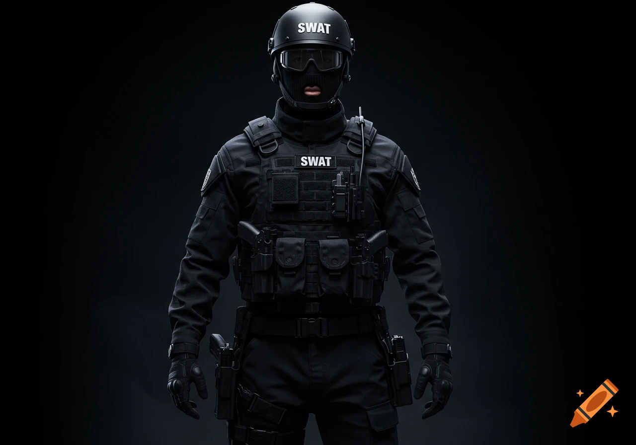 A photorealistic image of a SWAT officer in a black tactical uniform, ski mask, and helmet, standing against a dark background.