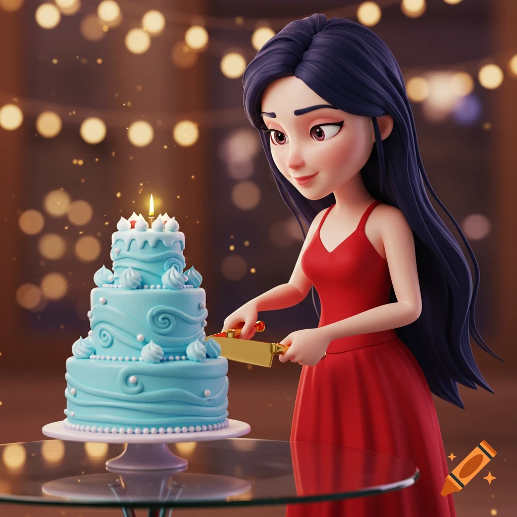A 3D cartoon girl in a red dress smiles while cutting a blue tiered birthday cake with a golden knife, under festive bokeh lights.