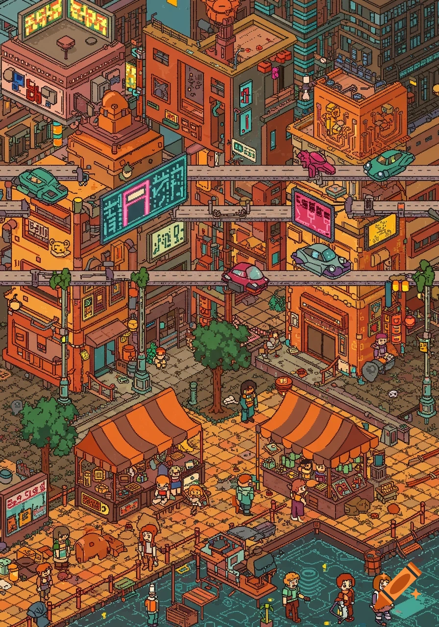 A vibrant isometric pixel art city with markets, flying cars on elevated roads, and busy streets with people.