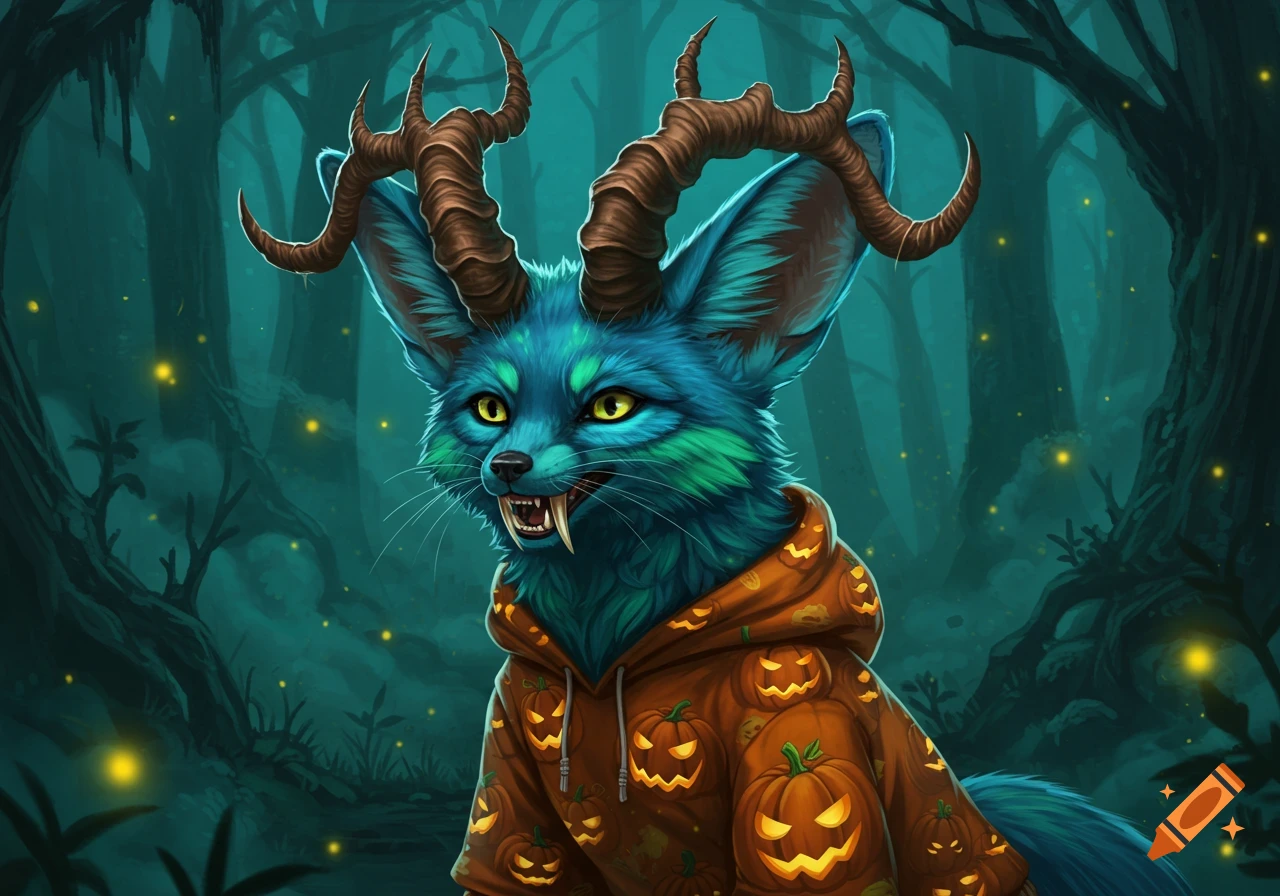 Digital illustration of a blue and green fantasy fox with horns and sabertooth teeth, wearing a pumpkin hoodie in a dark, glowing forest.
