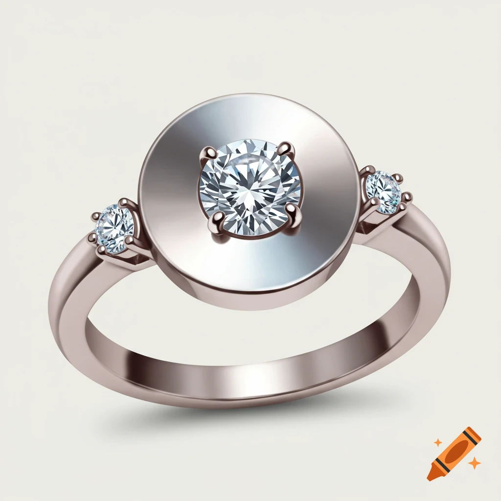 Photorealistic rose gold ring with a large central diamond on a circular disc, flanked by two smaller diamonds.
