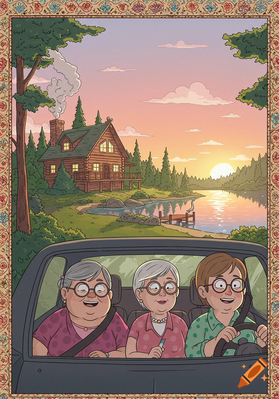 Cartoon of three women on a road trip, driving past a log cabin by a lake at sunset.