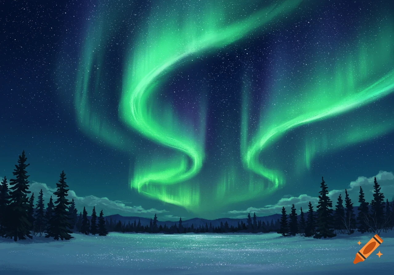 Vibrant green aurora borealis illuminates a starry night sky over a snowy winter landscape with pine trees and a frozen lake, digital art.