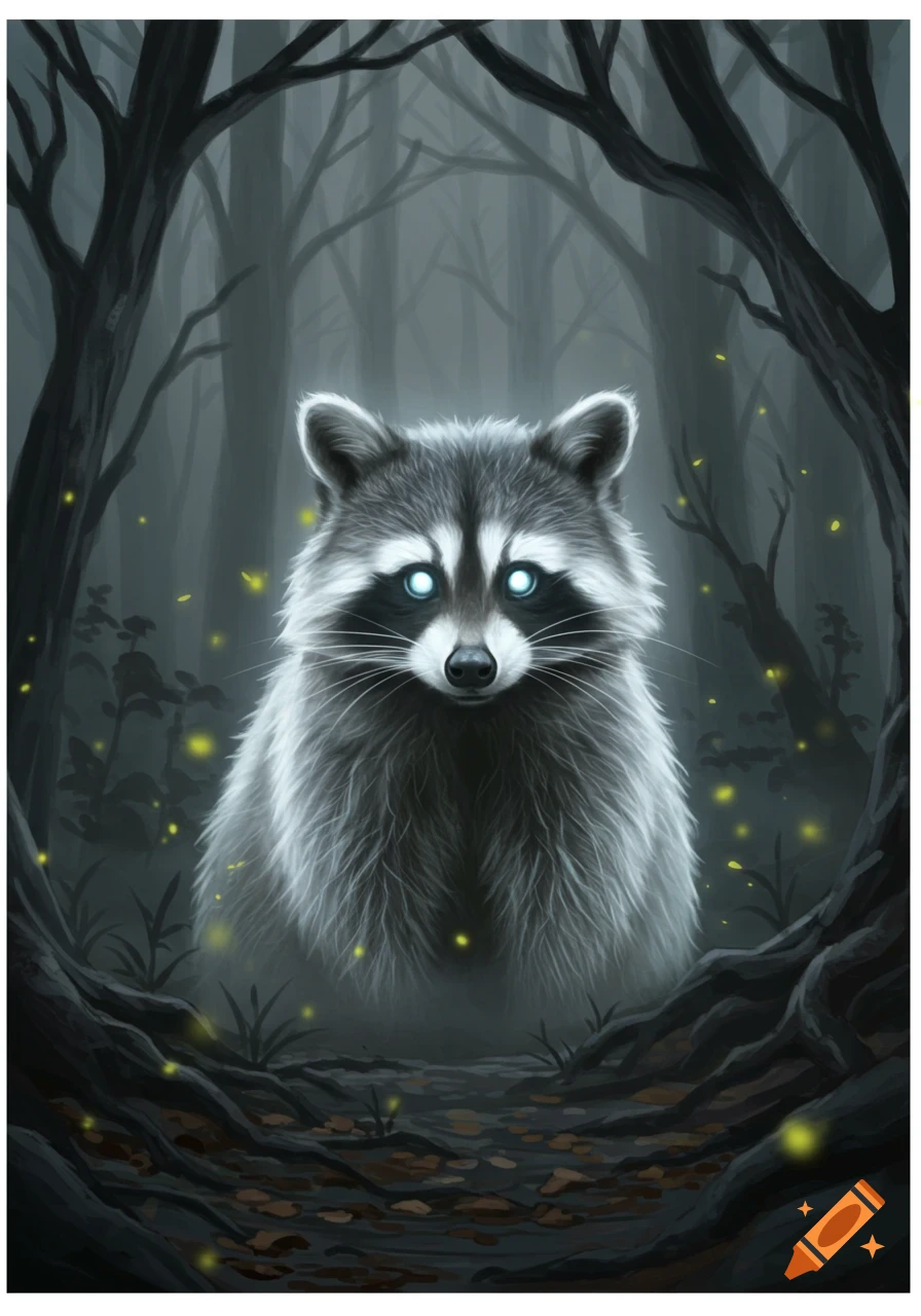 A ghostly raccoon with glowing blue eyes stares out from a dark, spooky forest with glowing yellow fireflies, digital art.