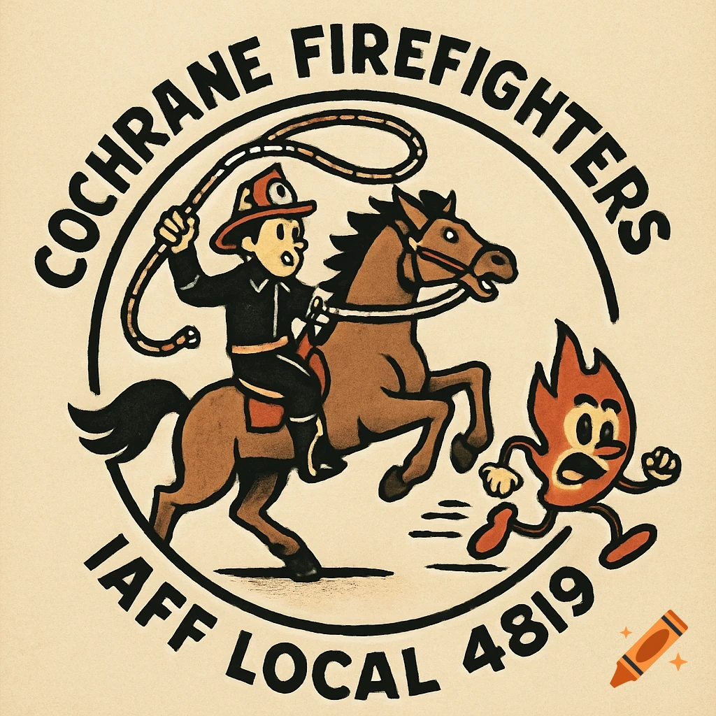 Retro circular logo of a cartoon firefighter on a horse lassoing a fire creature, with text 'COCHRANNE FIREFIGHTERS IAFF LOCAL 4819'.