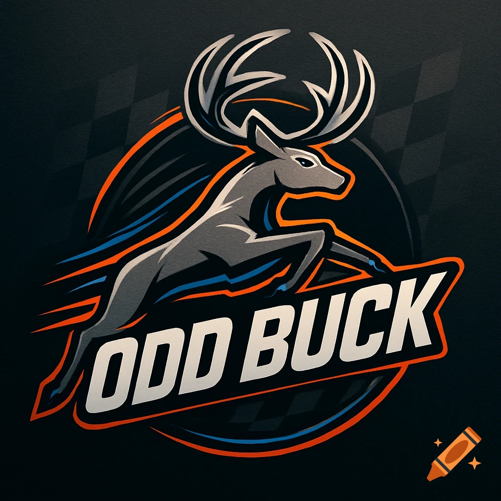 Sleek, NASCAR-style logo featuring a gray deer leaping with orange and blue accents, and the text "ODD BUCK".
