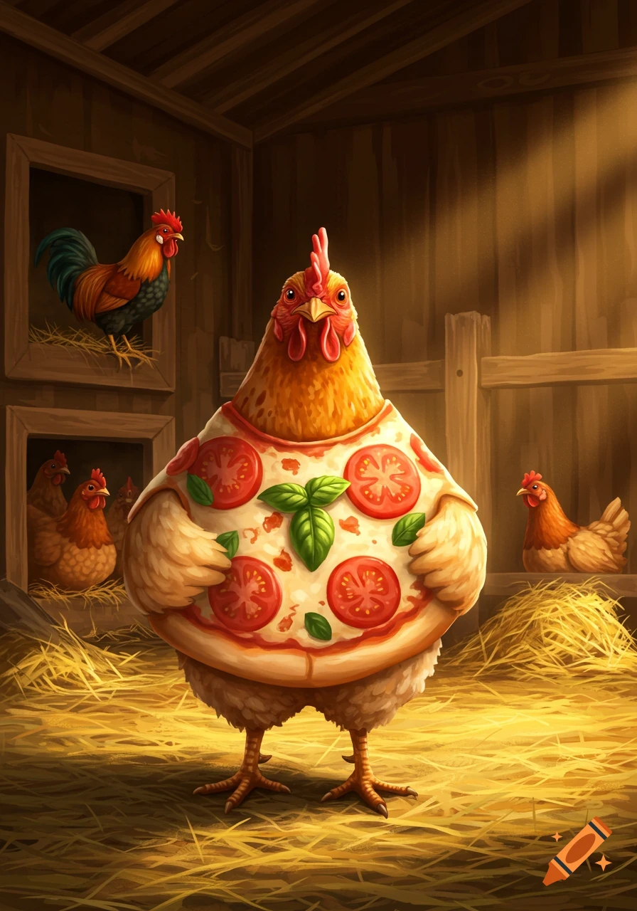 A whimsical illustration of a chicken wearing a pizza costume, standing in a rustic barn with hay and other chickens in the background.