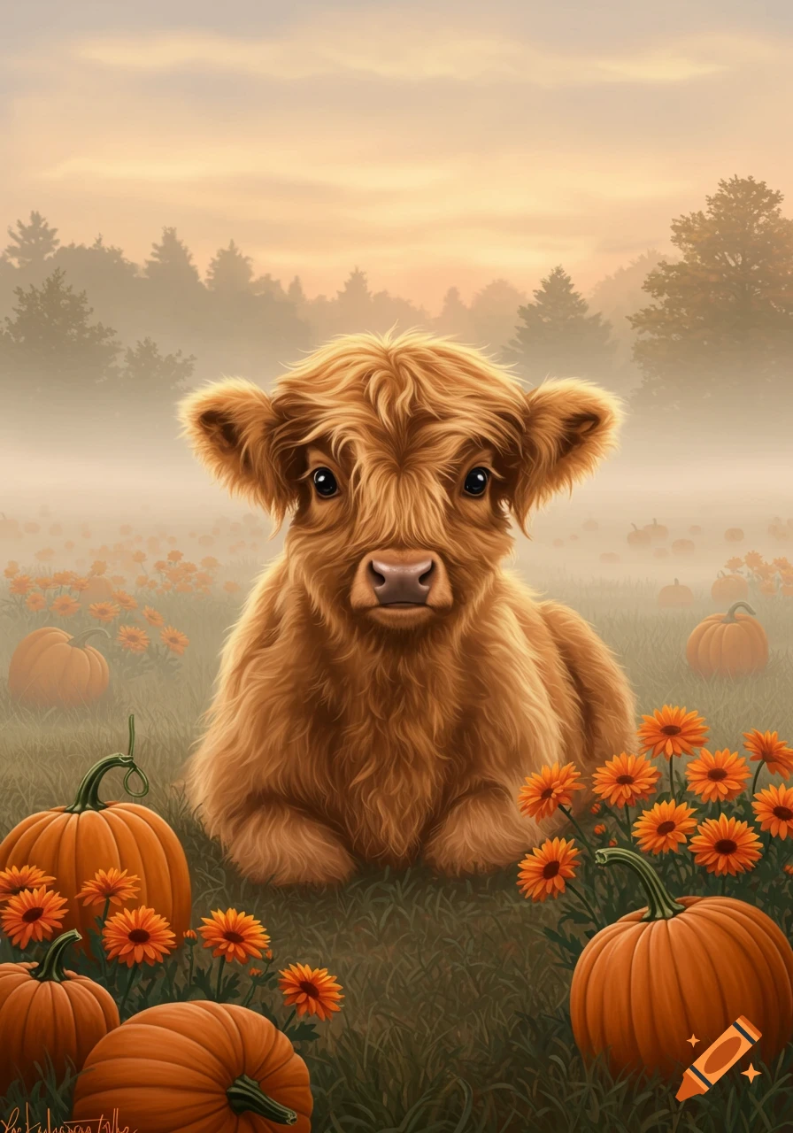 An adorable fluffy baby Highland cow sits in a foggy field surrounded by pumpkins and orange flowers, digital illustration.