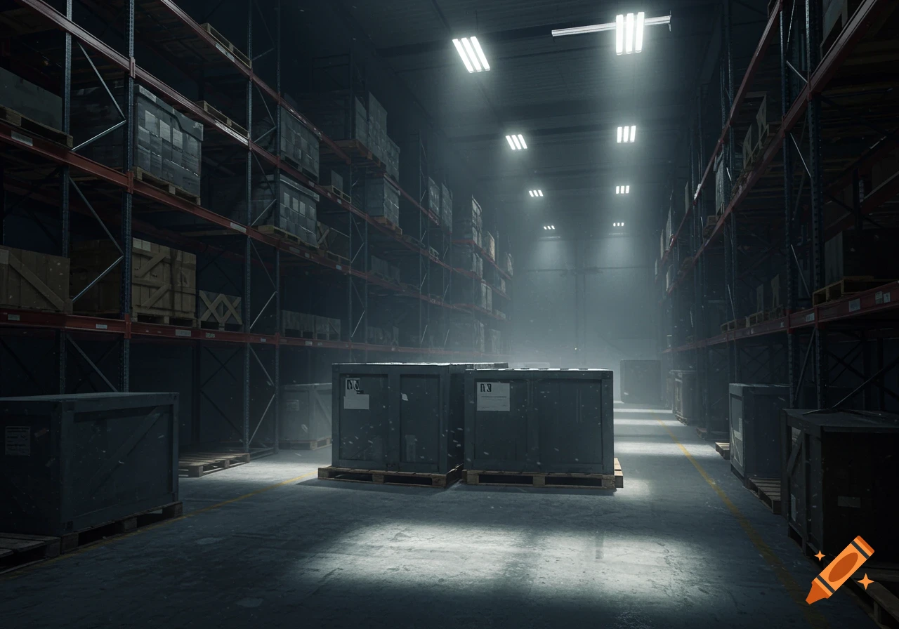 Dimly lit industrial warehouse with tall shelves, stacked crates, and glowing overhead lights, creating a dusty, atmospheric scene.