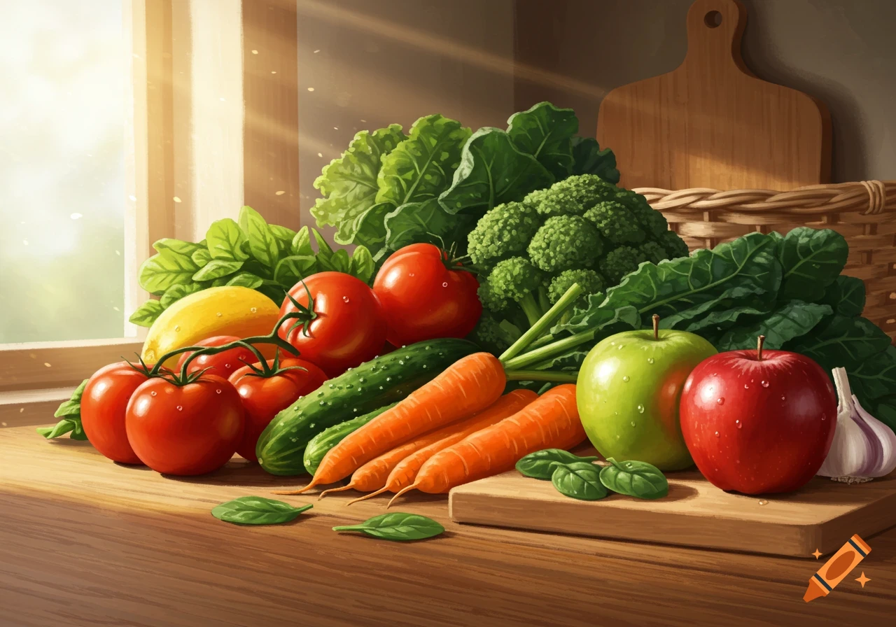 A vibrant still life of fresh fruits and vegetables, including tomatoes, carrots, broccoli, and apples, on a wooden counter by a sunlit window.